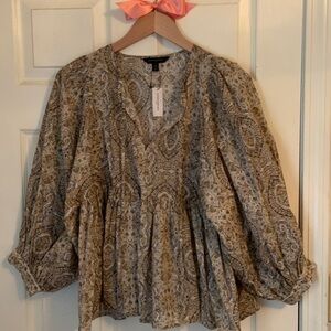 Banana Republic Beige Paisley Smocked Peasant Blouse